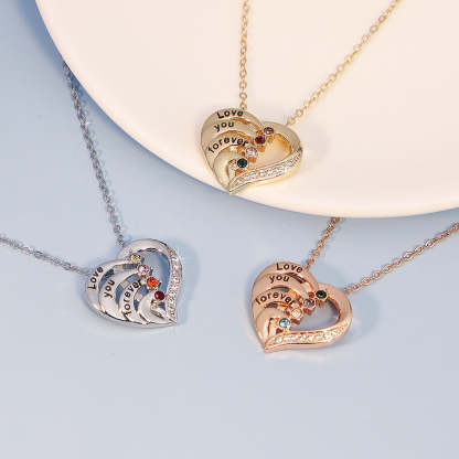 Personalized Family Heart Pendant Sterling Silver Necklace with 2-4 Engraved Names and Birthstones Mother's Day Birthday Gift for Mom Grandma