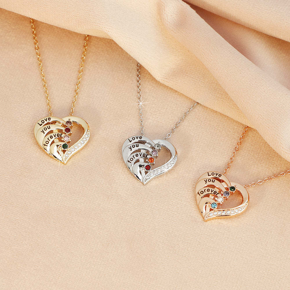 Personalized Family Heart Pendant Sterling Silver Necklace with 2-4 Engraved Names and Birthstones Mother's Day Birthday Gift for Mom Grandma