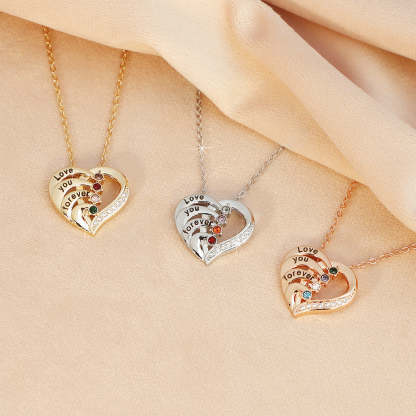 Personalized Family Heart Pendant Sterling Silver Necklace with 2-4 Engraved Names and Birthstones Mother's Day Birthday Gift for Mom Grandma
