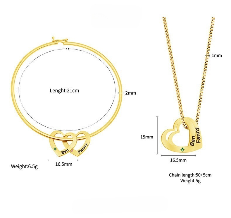 Women Necklace Bracelet With Heart Shape Name Birthstone Pendants
