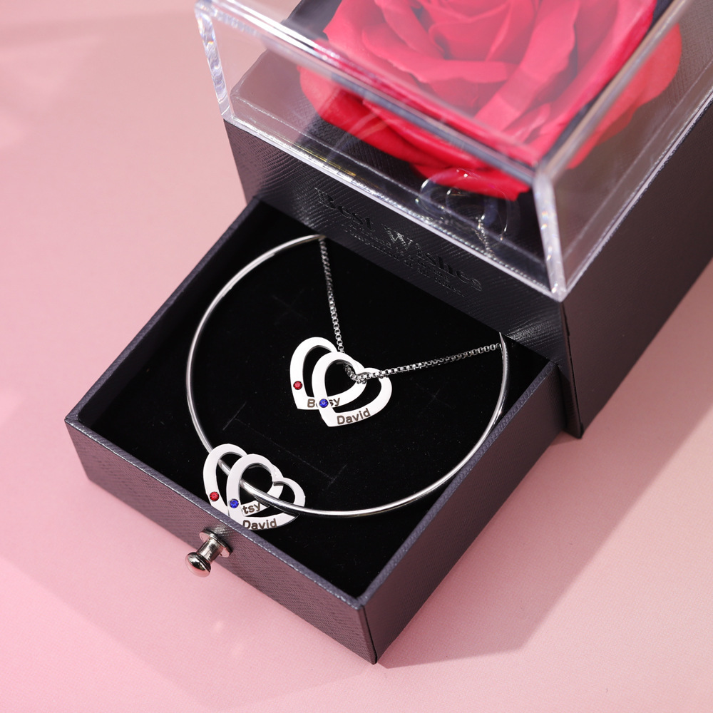 Women Necklace Bracelet With Heart Shape Name Birthstone Pendants