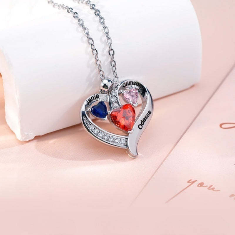 Personalized Family Heart Pendant Necklace with 3 Names and Birthstones Mother's Day Birthday Gift for Mom Grandma