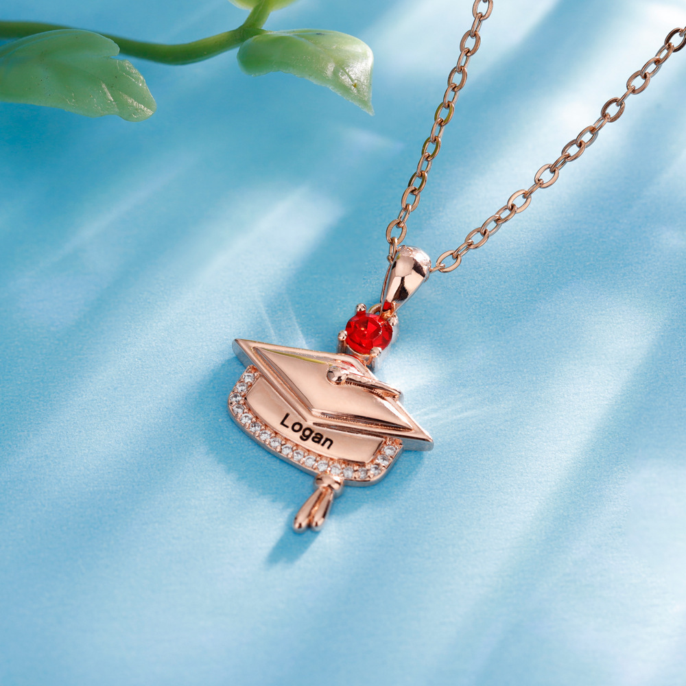 Personalized Dainty Graduation Cap Birthstone Necklace with Engraved Name Birthday Gift for Graduates