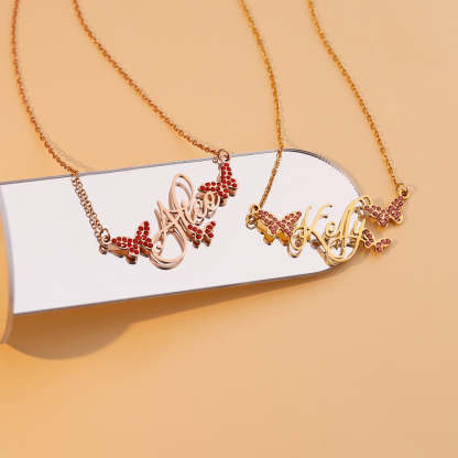 Personalized Dainty Nameplate Necklace With Butterfly Jewelry Birthday Anniversary Gift for Women