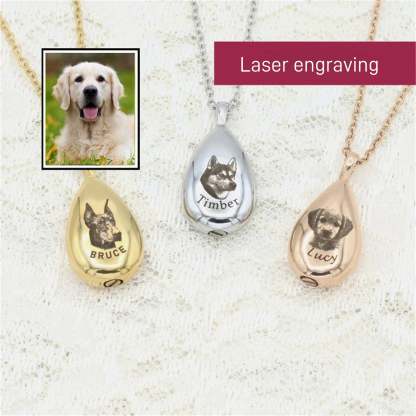 Personalized Pet Portrait Droplet Shaped Cremation Urn Necklace With Engraved Text Cremation Jewelry Memorial Keepsake Gift for Pet Lover