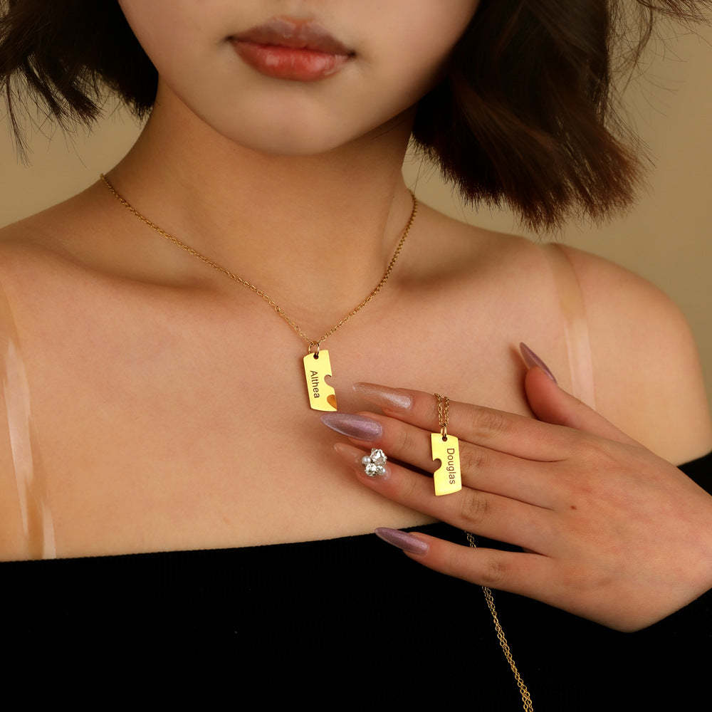 Personalized Pair Of Heart-shaped Square Pendant Necklaces With Names For Valentine's Day Gifts