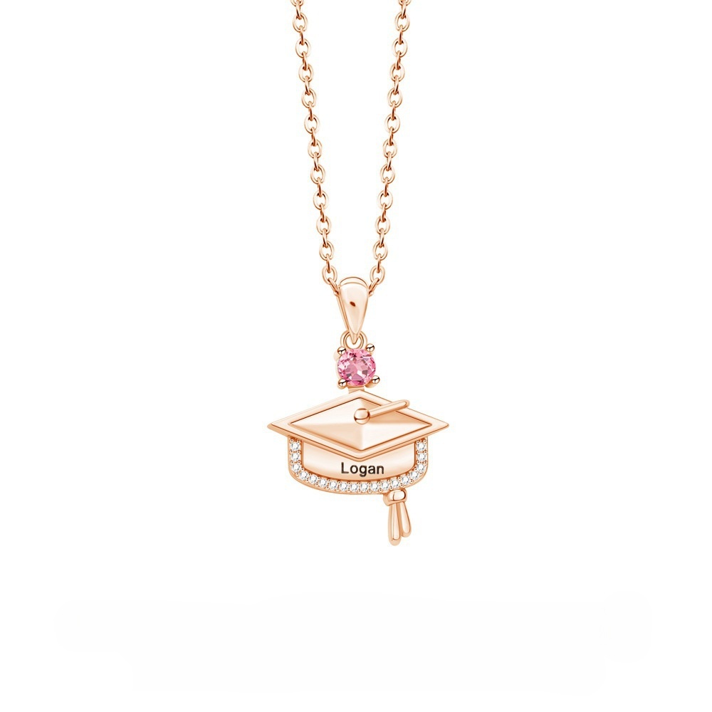 Personalized Dainty Graduation Cap Birthstone Necklace with Engraved Name Birthday Gift for Graduates