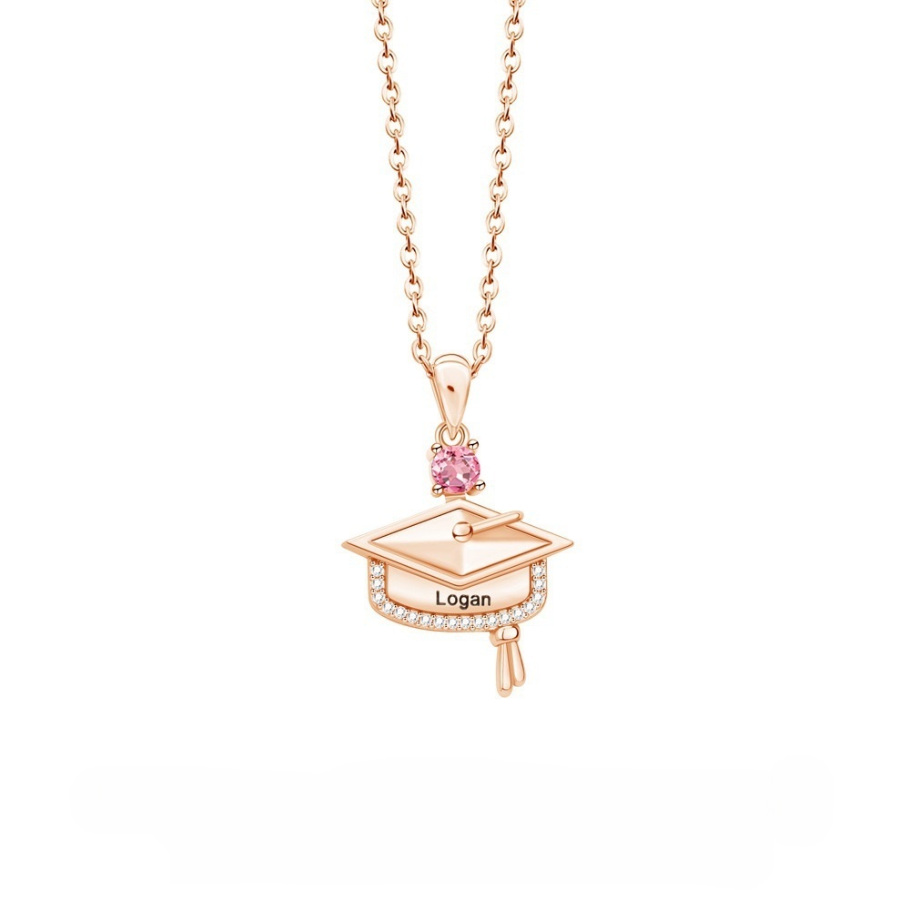 Personalized Dainty Graduation Cap Birthstone Necklace with Engraved Name Birthday Gift for Graduates