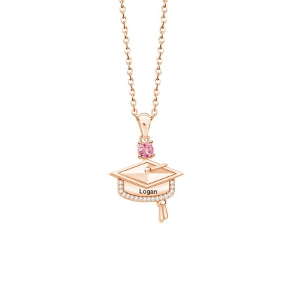 Personalized Dainty Graduation Cap Birthstone Necklace with Engraved Name Birthday Gift for Graduates