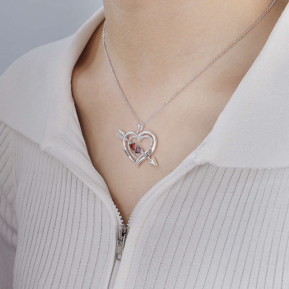 Personalized Cupid's Arrow Heart Necklace with 2 Birthstones & Names Valentine's Day Couple Gift for Women