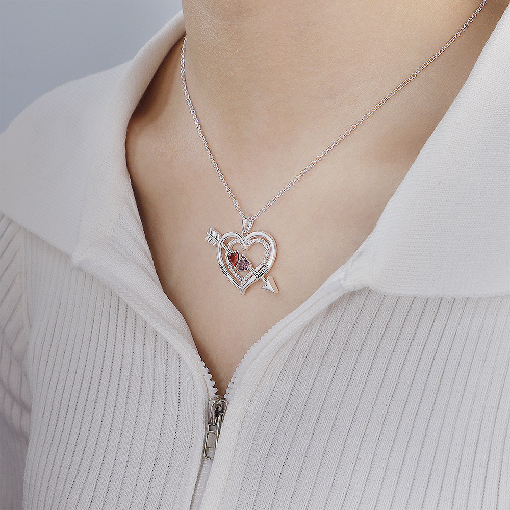 Personalized Cupid's Arrow Heart Necklace with 2 Birthstones & Names Valentine's Day Couple Gift for Women