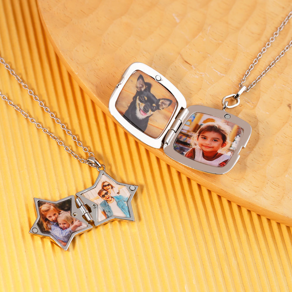 Personalized 2 Photos Square Five Stars Locket Necklace with Engraved Text Mother's Day Birthday Jewelry Gift for Women