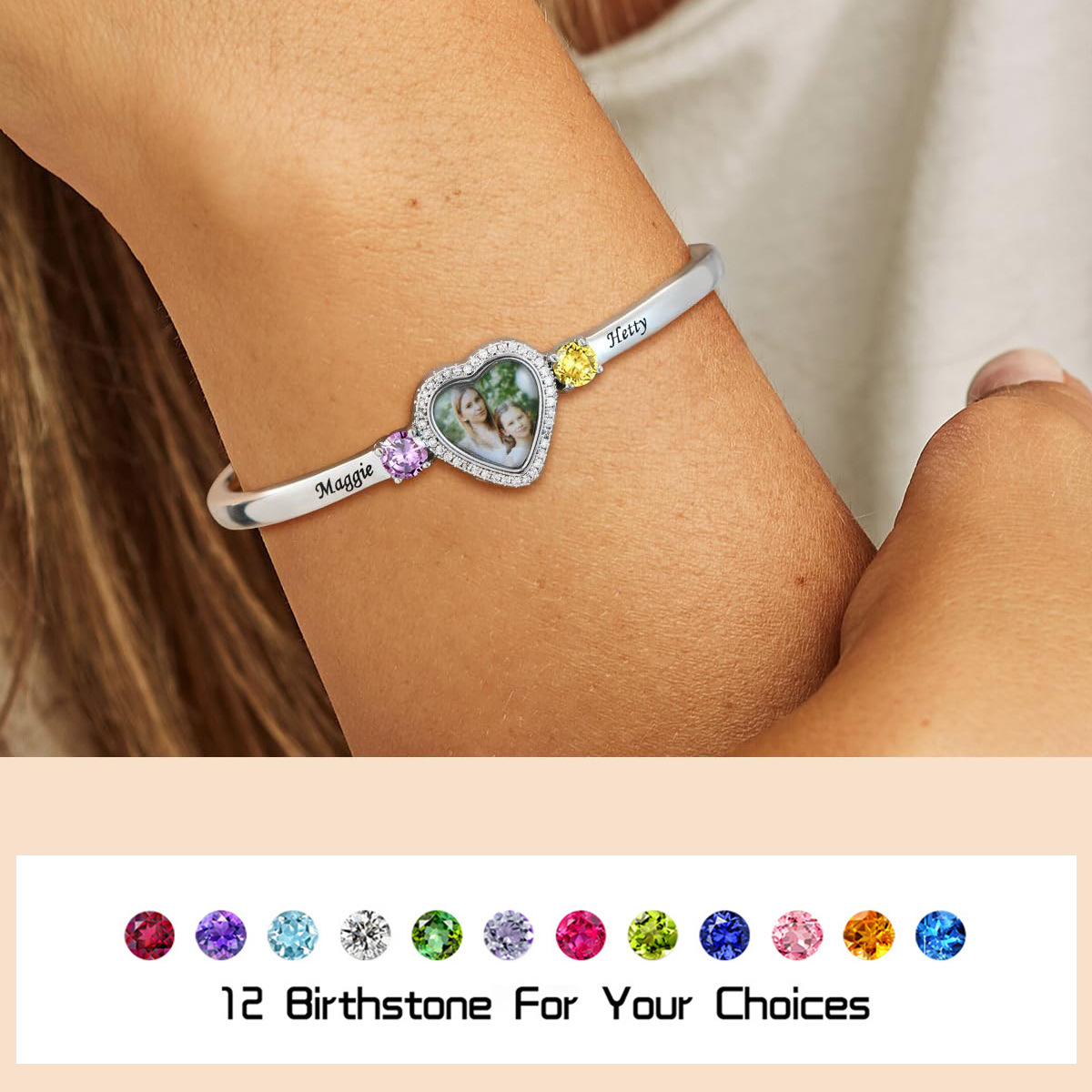 Personalized Adjustable Photo 2 Birthstones Heart Bracelet Valentine's Day Birthday Friendship Gift Mother's Day for Couple Best Friend Mom