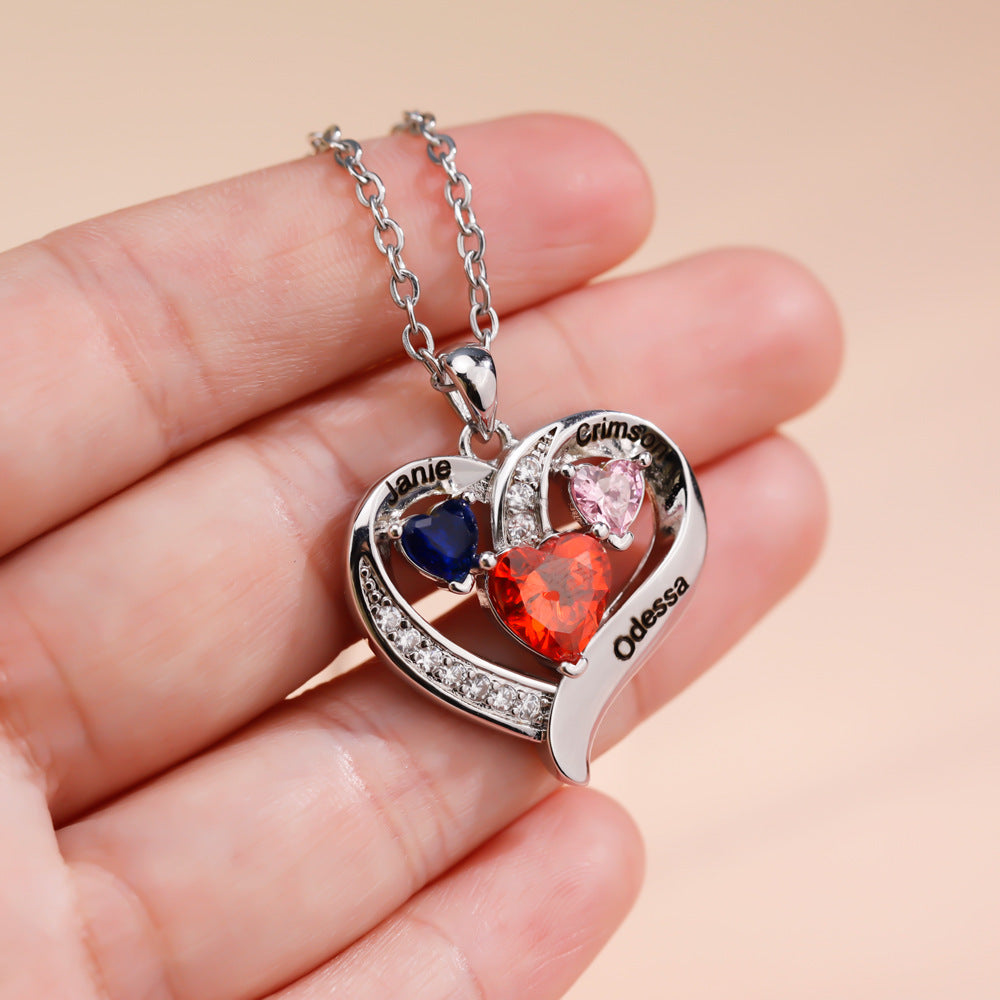 Personalized Family Heart Pendant Necklace with 3 Names and Birthstones Mother's Day Birthday Gift for Mom Grandma