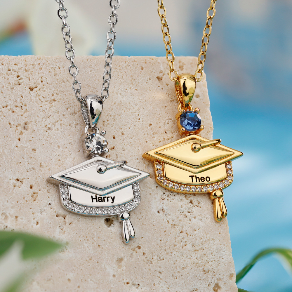 Personalized Dainty Graduation Cap Birthstone Necklace with Engraved Name Birthday Gift for Graduates