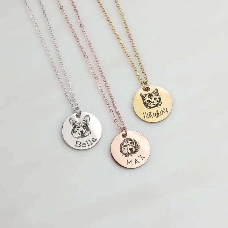 Personalized Engraved Pet Portrait Photo Necklace with Name Birthday Gift for Pet Lover Owner