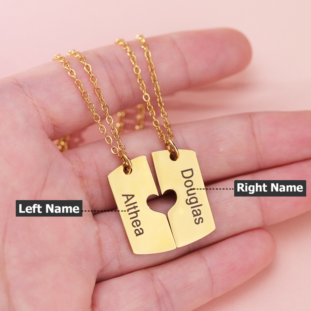 Personalized Pair Of Heart-shaped Square Pendant Necklaces With Names For Valentine's Day Gifts