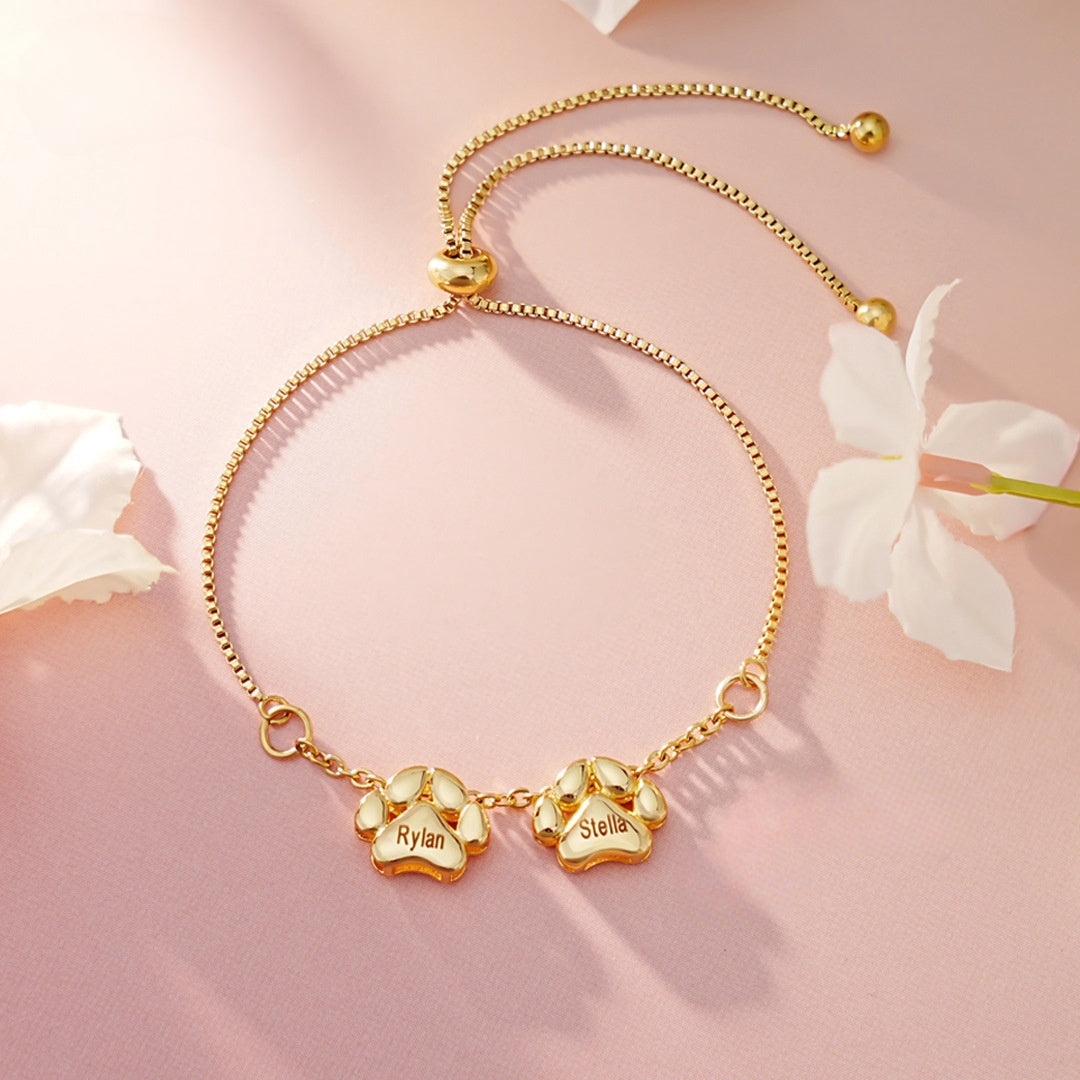 Personalized Dainty 1-5 Paw Print Charm Bracelet with Engraved Name Pet Mom Jewelry Birthday Memorial Gift for Pet Lover