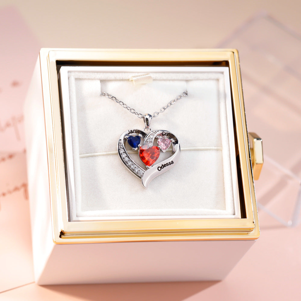 Personalized Family Heart Pendant Necklace with 3 Names and Birthstones Mother's Day Birthday Gift for Mom Grandma