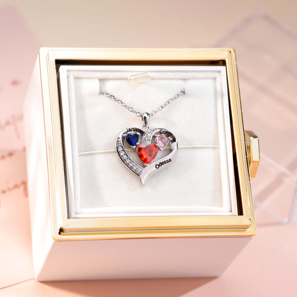 Personalized Family Heart Pendant Necklace with 3 Names and Birthstones Mother's Day Birthday Gift for Mom Grandma