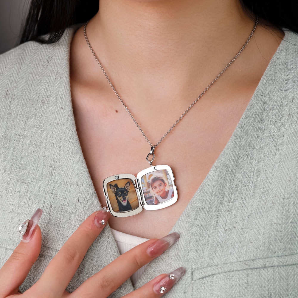 Personalized 2 Photos Square Five Stars Locket Necklace with Engraved Text Mother's Day Birthday Jewelry Gift for Women