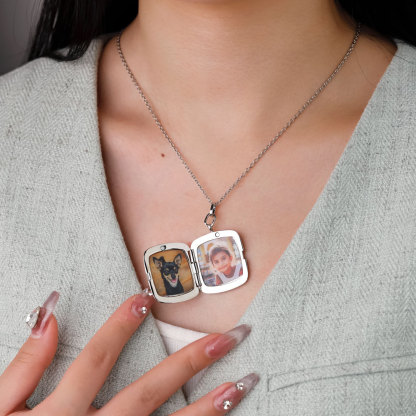 Personalized 2 Photos Square Five Stars Locket Necklace with Engraved Text Mother's Day Birthday Jewelry Gift for Women