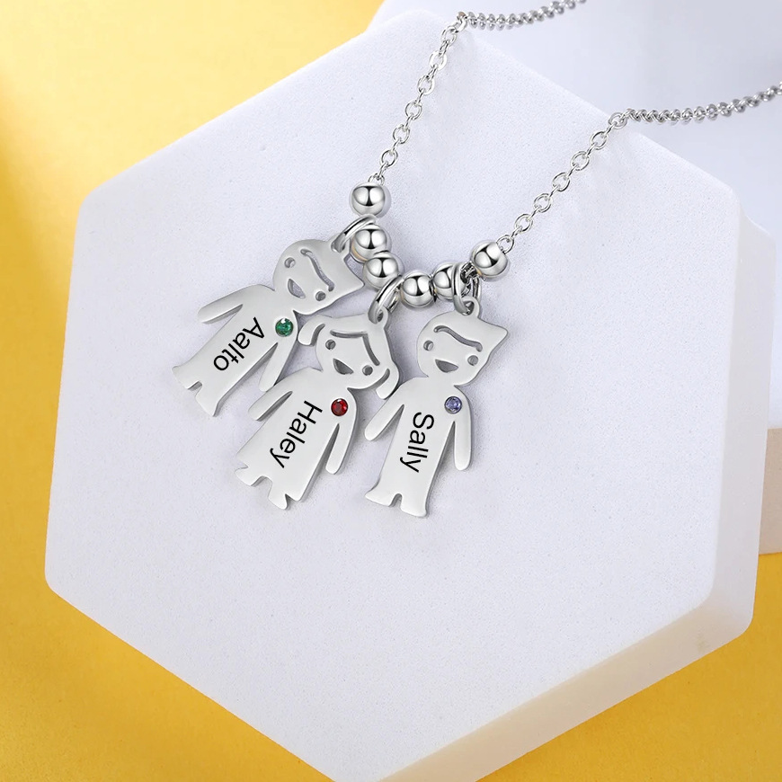 Personalized 1-8 Kids with Birthstone Name Necklace Mother's Day Thanksgiving Day Jewelry Gift for Mother Grandma