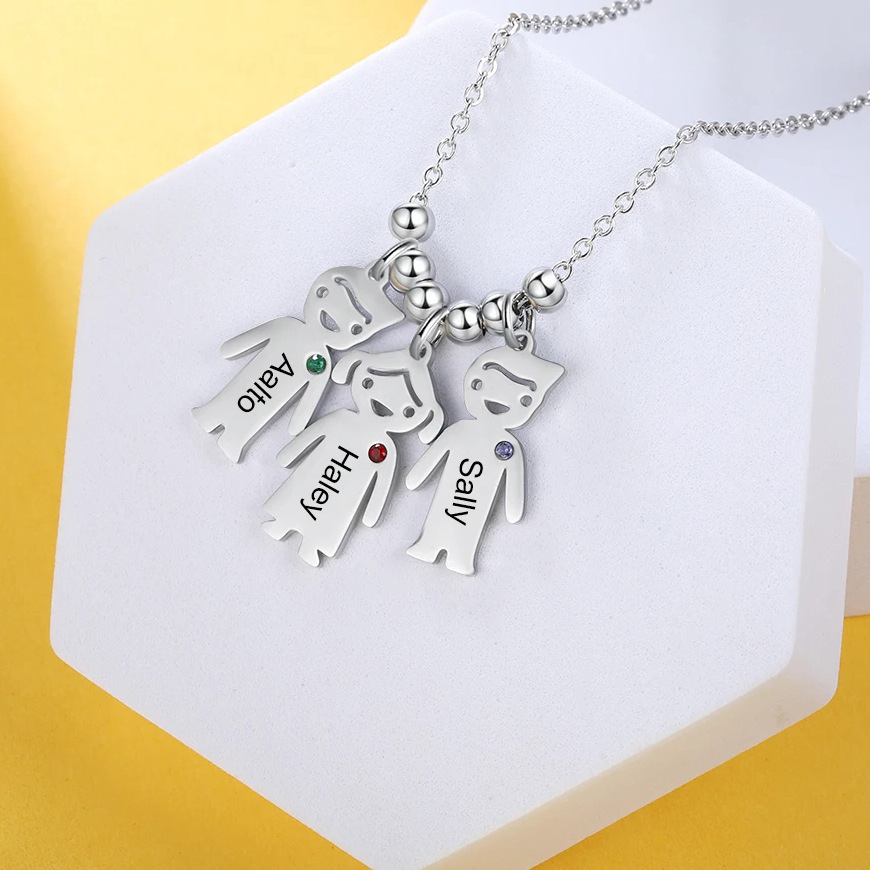 Personalized 1-8 Kids with Birthstone Name Necklace Mother's Day Thanksgiving Day Jewelry Gift for Mother Grandma
