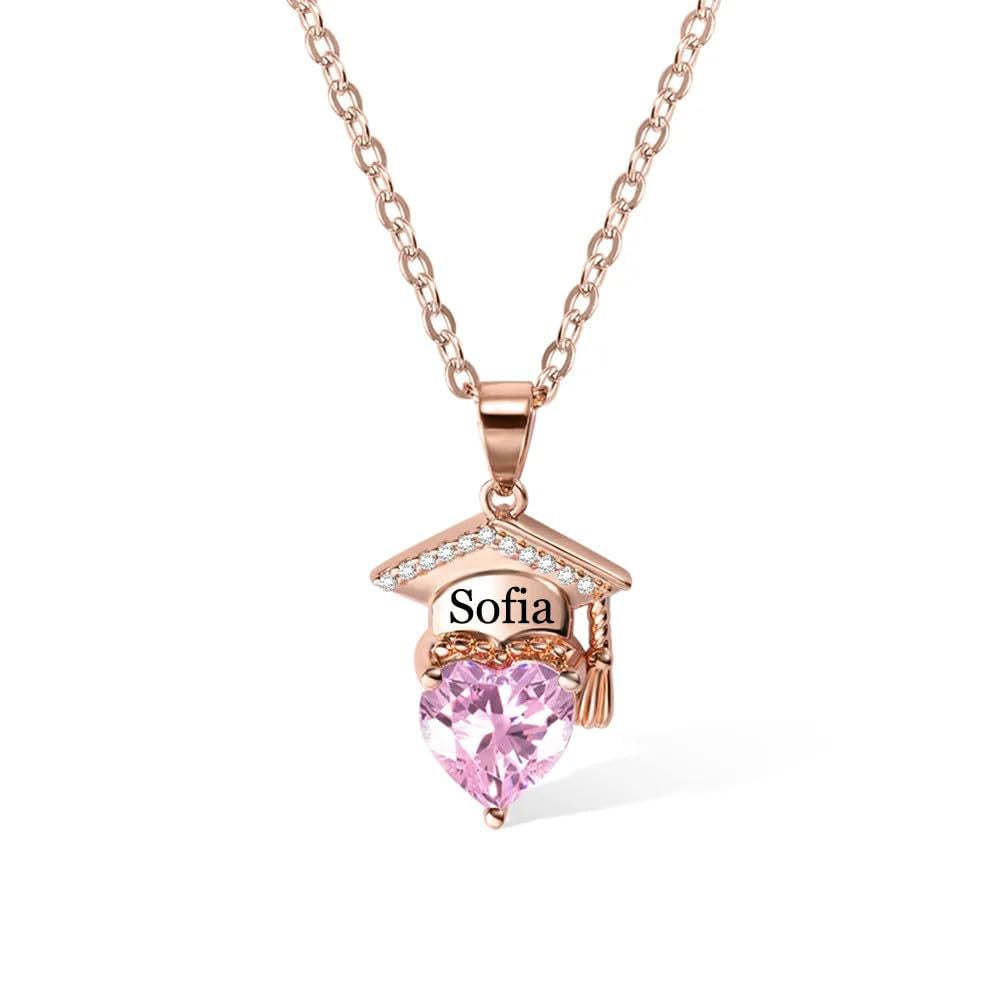 Personalized Dainty Graduation Cap Birthstone Necklace with Engraved Name Graduation Birthday Gift for Graduates