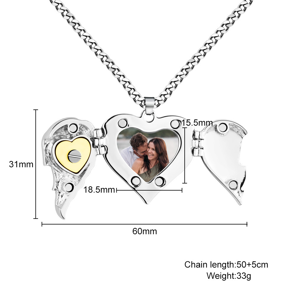 Personalized Picture Locket Angel Wings Heart Necklace