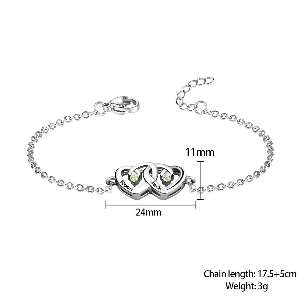 Personalized Interlocking Double Heart Bracelet with Birthstones and Engraved Names Valentine's Day Anniversary Gift for Women