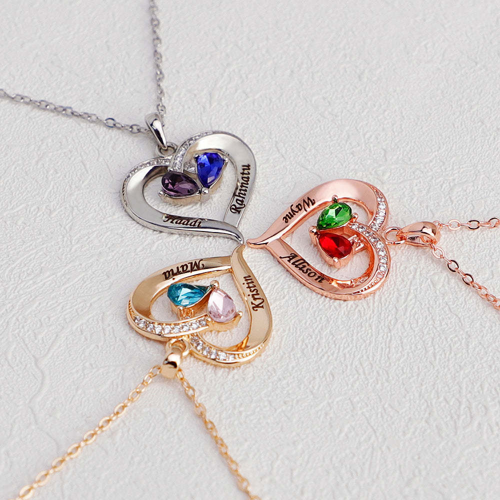 Personalized Forever Together Heart Pendant Necklace with Double Birthstones and Engraved Names Valentine's Day Gift for Women