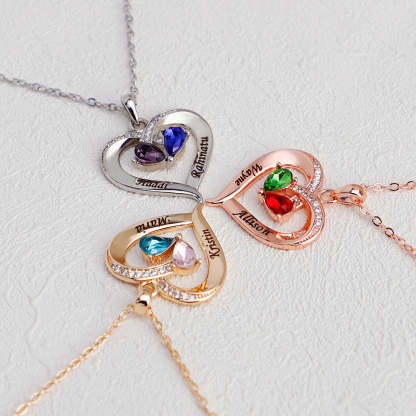 Personalized Forever Together Heart Pendant Necklace with Double Birthstones and Engraved Names Valentine's Day Gift for Women