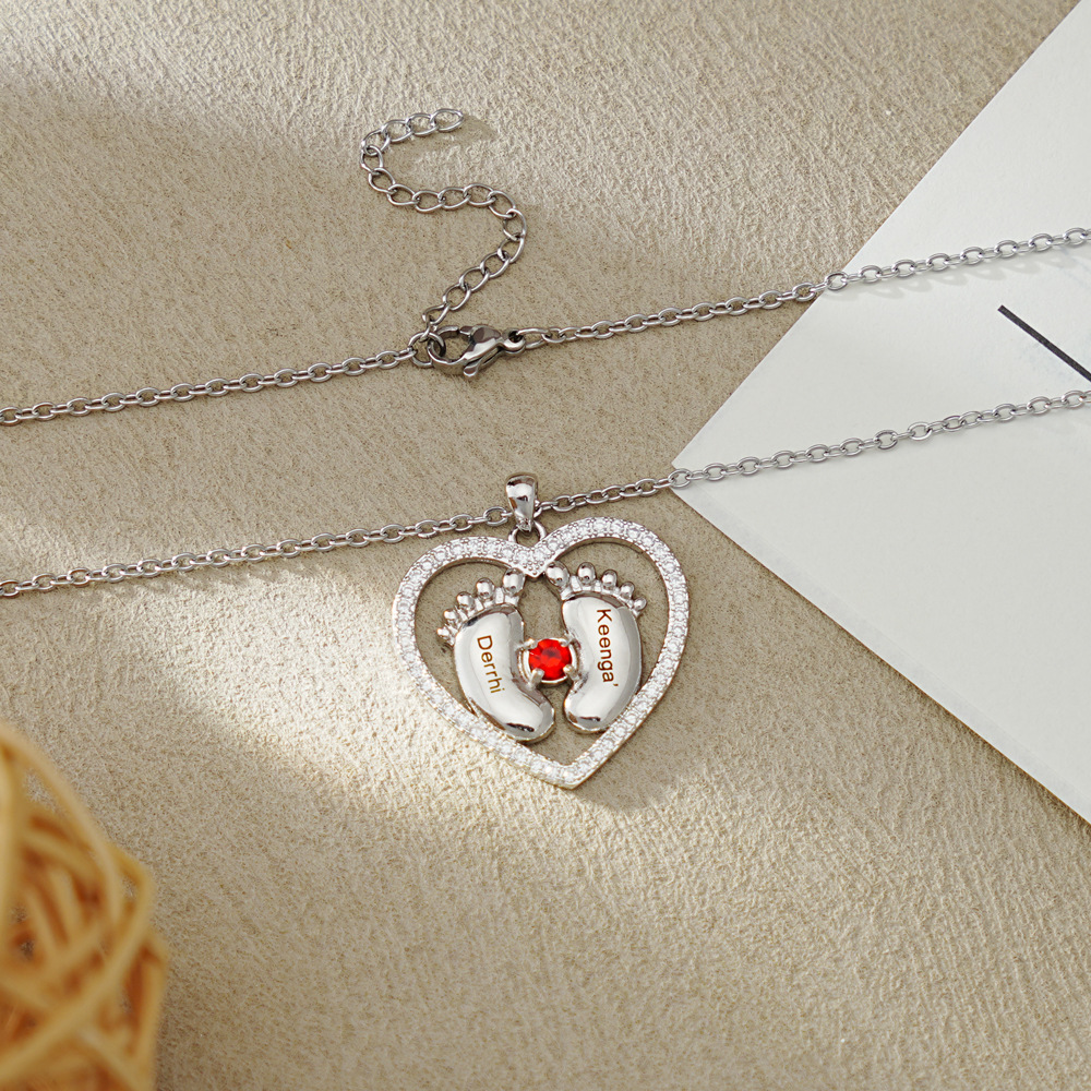 Personalized Baby Feet Heart Birthstone Necklace with Engraved Names Mother's Day Birthday Gift for New Mom
