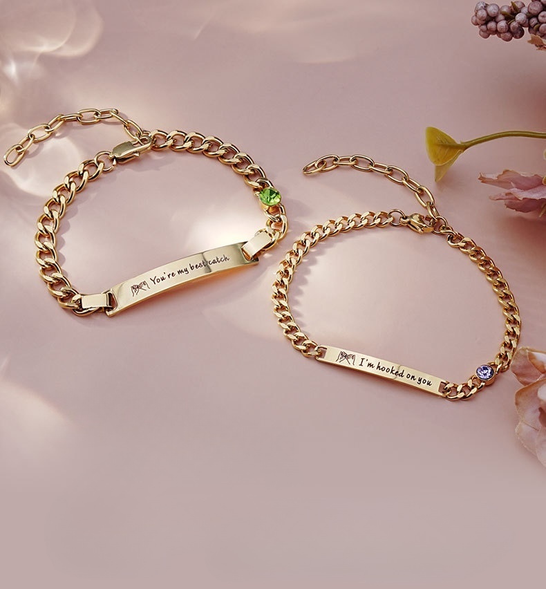 Personalized Birthstone Stainless Steel Couple Bar Bracelet with Engraved Text Birthday Valentine Gift for Friends Couple