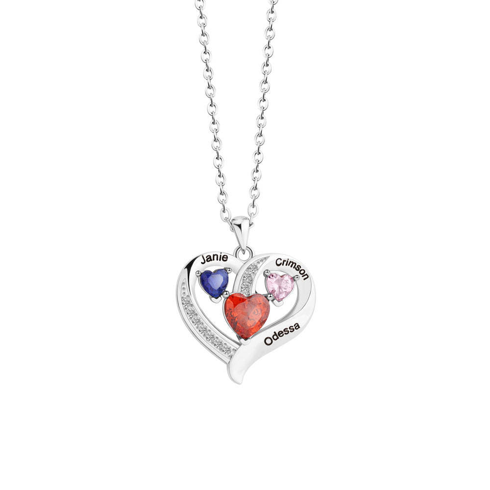 Personalized Family Heart Pendant Necklace with 3 Names and Birthstones Mother's Day Birthday Gift for Mom Grandma