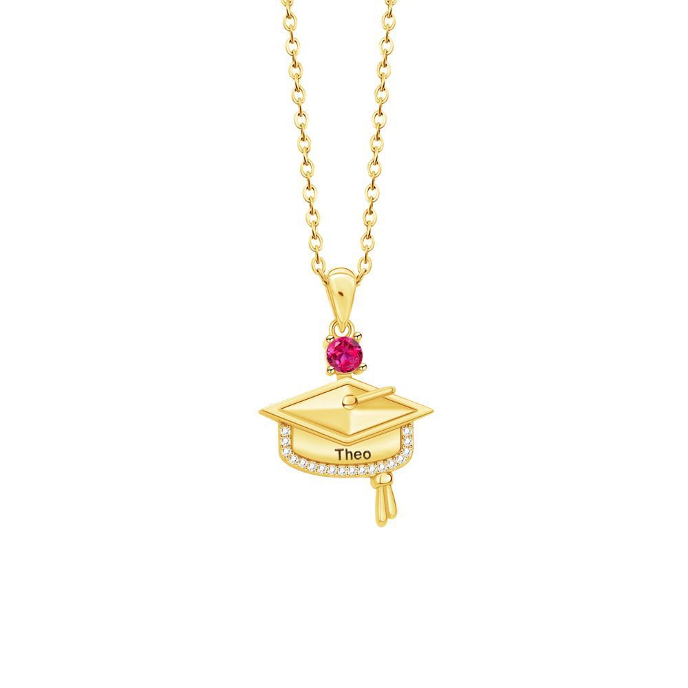 Personalized Dainty Graduation Cap Birthstone Necklace with Engraved Name Birthday Gift for Graduates