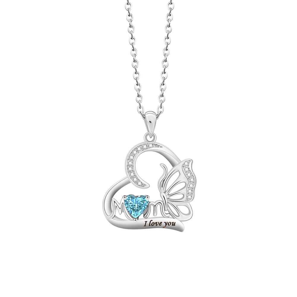 Personalized Butterfly Heart Necklace with Birthstone Charm Mother's Day Birthday for Women