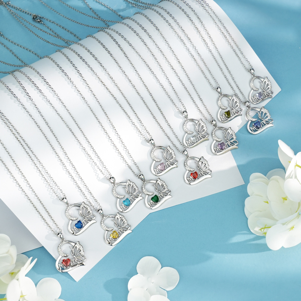 Personalized Butterfly Heart Necklace with Birthstone Charm Mother's Day Birthday for Women