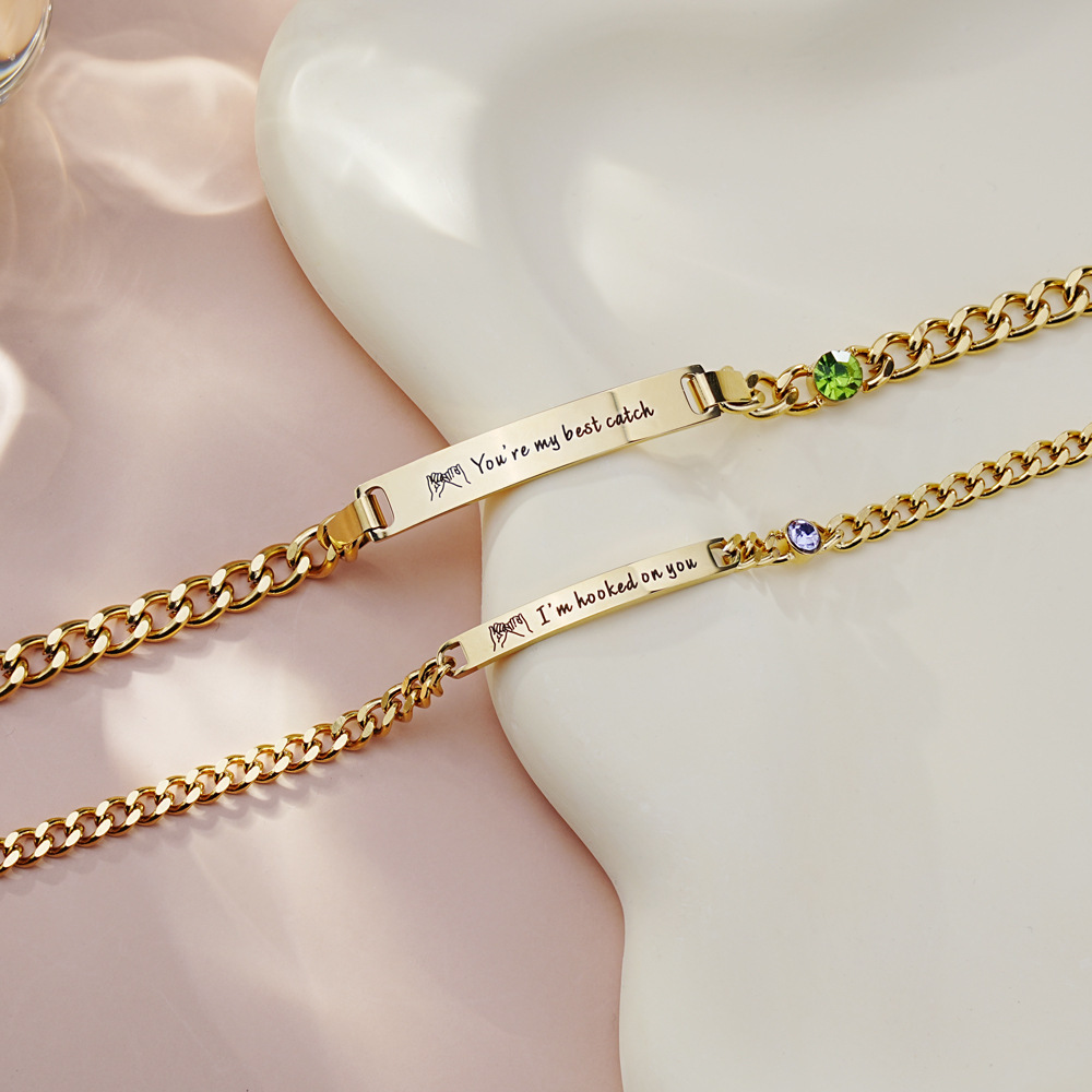 Personalized Birthstone Stainless Steel Couple Bar Bracelet with Engraved Text Birthday Valentine Gift for Friends Couple