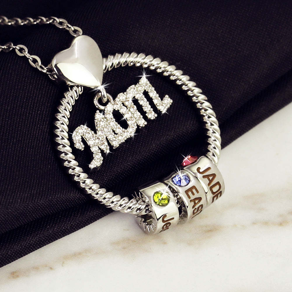 Personalized Family Heart-shaped Circular Pendant Necklace With Engraved Name And Birthday Stone Mother's Day Birthday Gift For Mom And Grandma