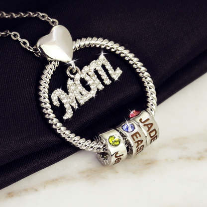 Personalized Family Heart-shaped Circular Pendant Necklace With Engraved Name And Birthday Stone Mother's Day Birthday Gift For Mom And Grandma