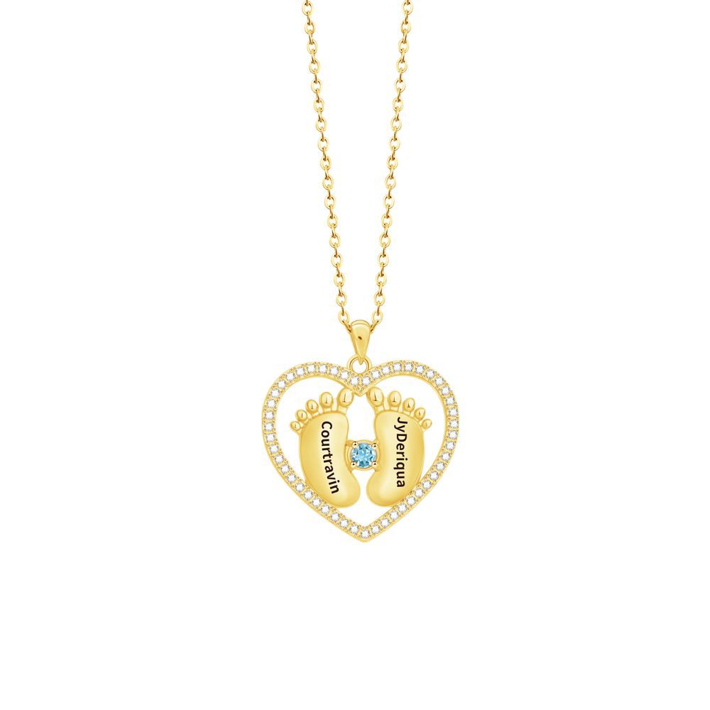 Personalized Baby Feet Heart Birthstone Necklace with Engraved Names Mother's Day Birthday Gift for New Mom