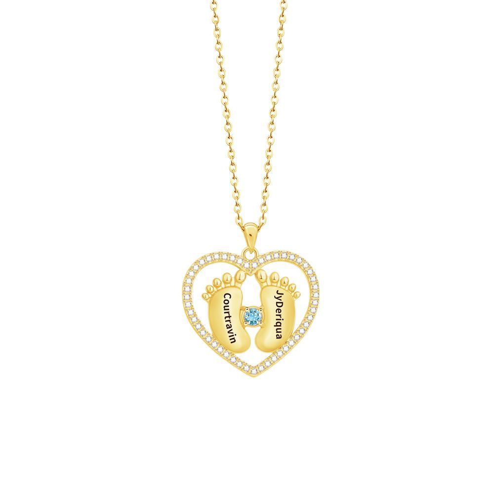Personalized Baby Feet Heart Birthstone Necklace with Engraved Names Mother's Day Birthday Gift for New Mom