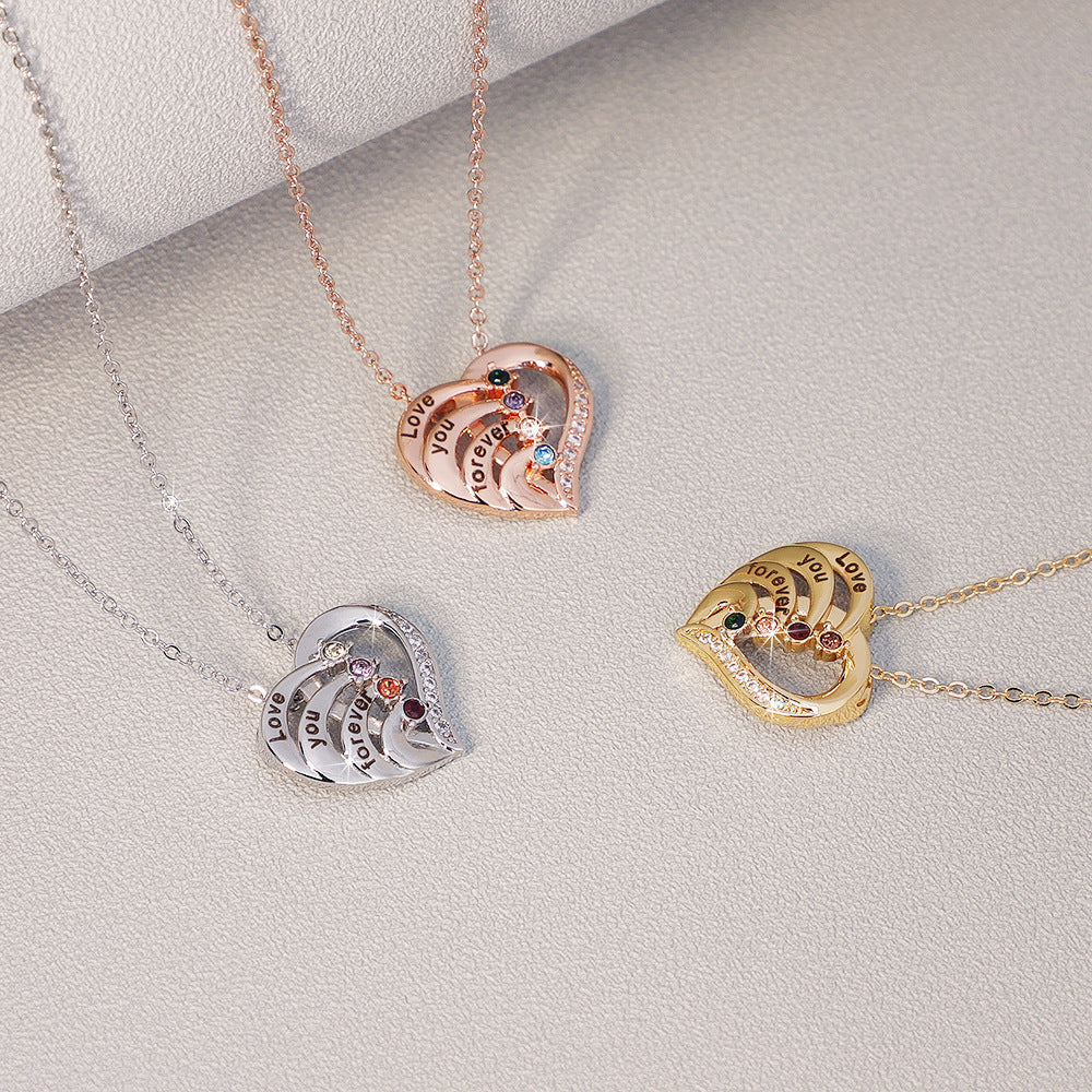 Personalized Family Heart Pendant Sterling Silver Necklace with 2-4 Engraved Names and Birthstones Mother's Day Birthday Gift for Mom Grandma
