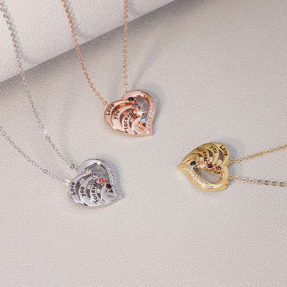 Personalized Family Heart Pendant Sterling Silver Necklace with 2-4 Engraved Names and Birthstones Mother's Day Birthday Gift for Mom Grandma