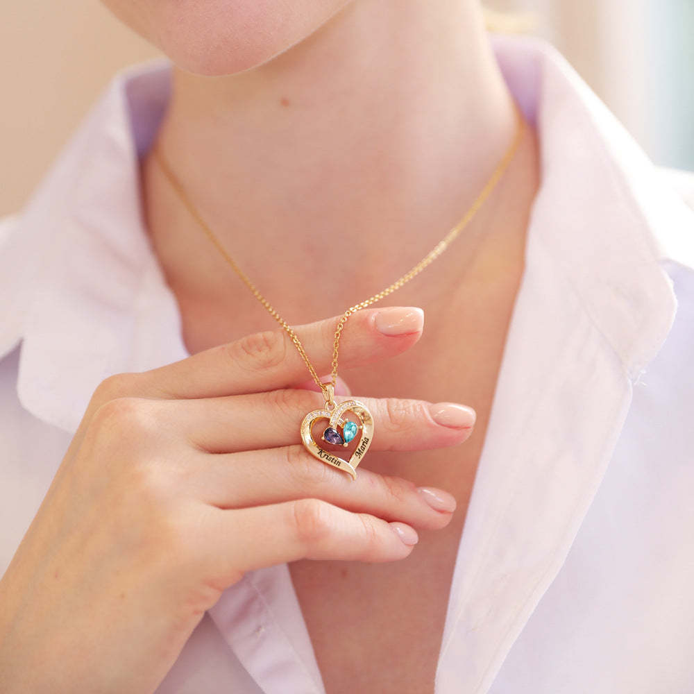 Personalized Forever Together Heart Pendant Necklace with Double Birthstones and Engraved Names Valentine's Day Gift for Women