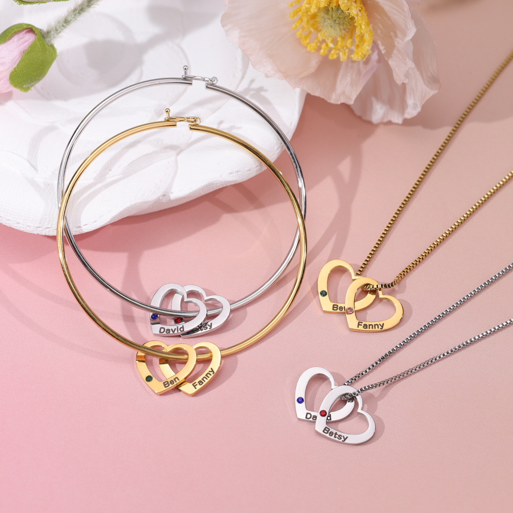 Women Necklace Bracelet With Heart Shape Name Birthstone Pendants