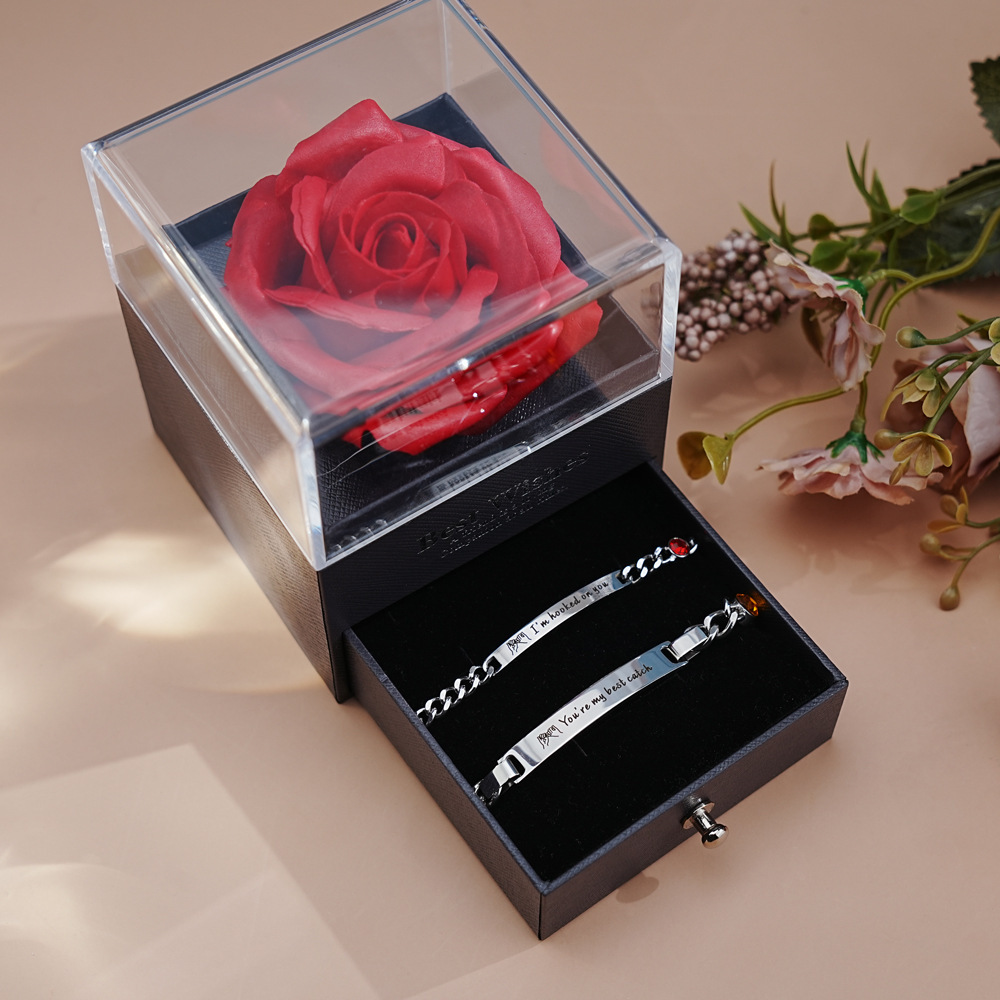 Personalized Birthstone Stainless Steel Couple Bar Bracelet with Engraved Text Birthday Valentine Gift for Friends Couple