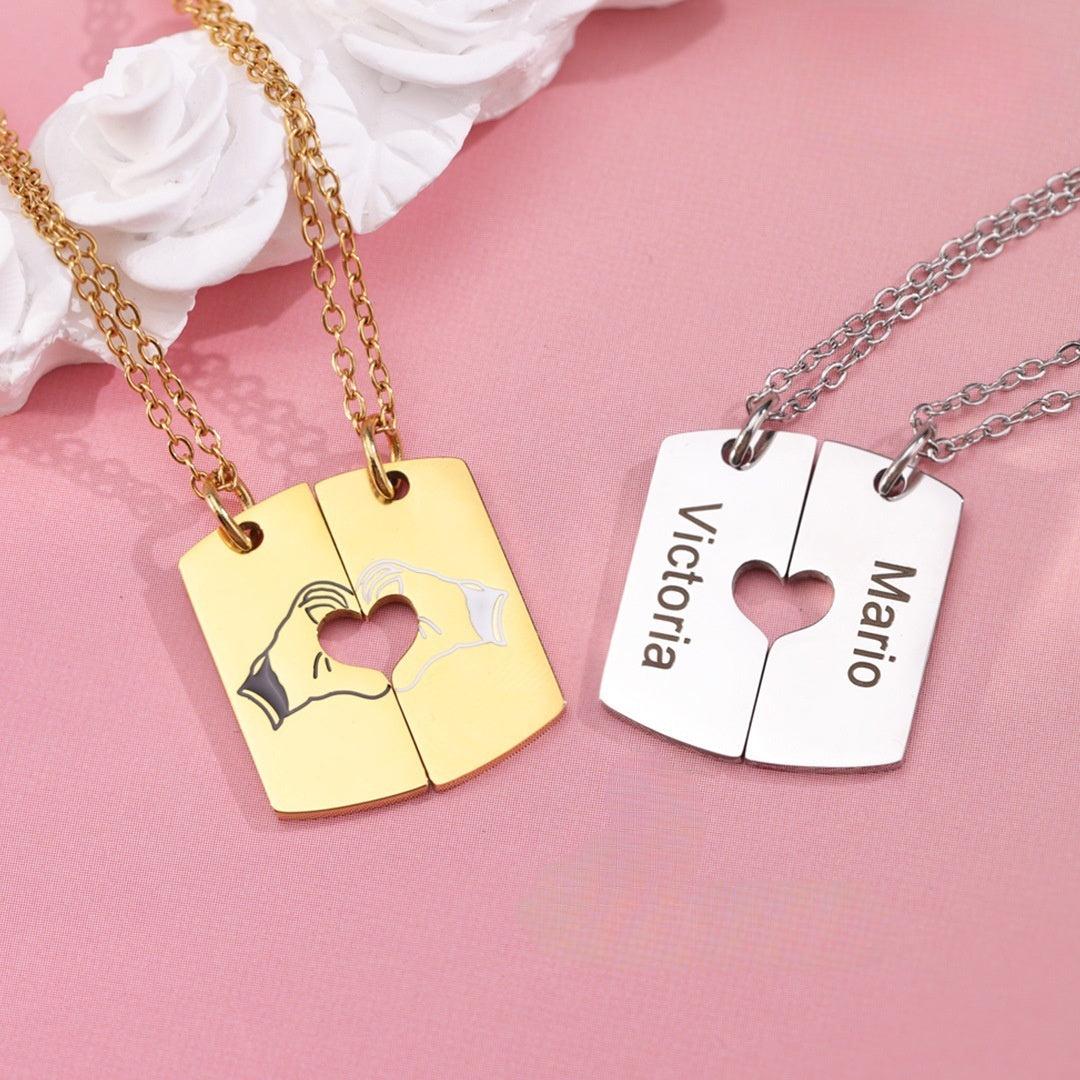 Personalized Pair Of Heart-shaped Square Pendant Necklaces With Names For Valentine's Day Gifts